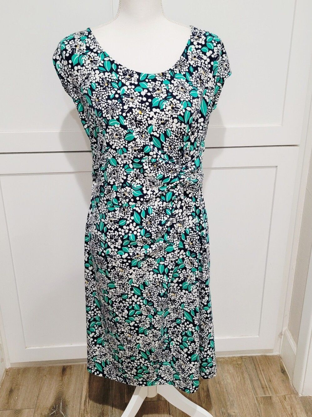Lands' End Cotton Blend Teal, Navy & White Floral Print Midi Dress | Size Medium